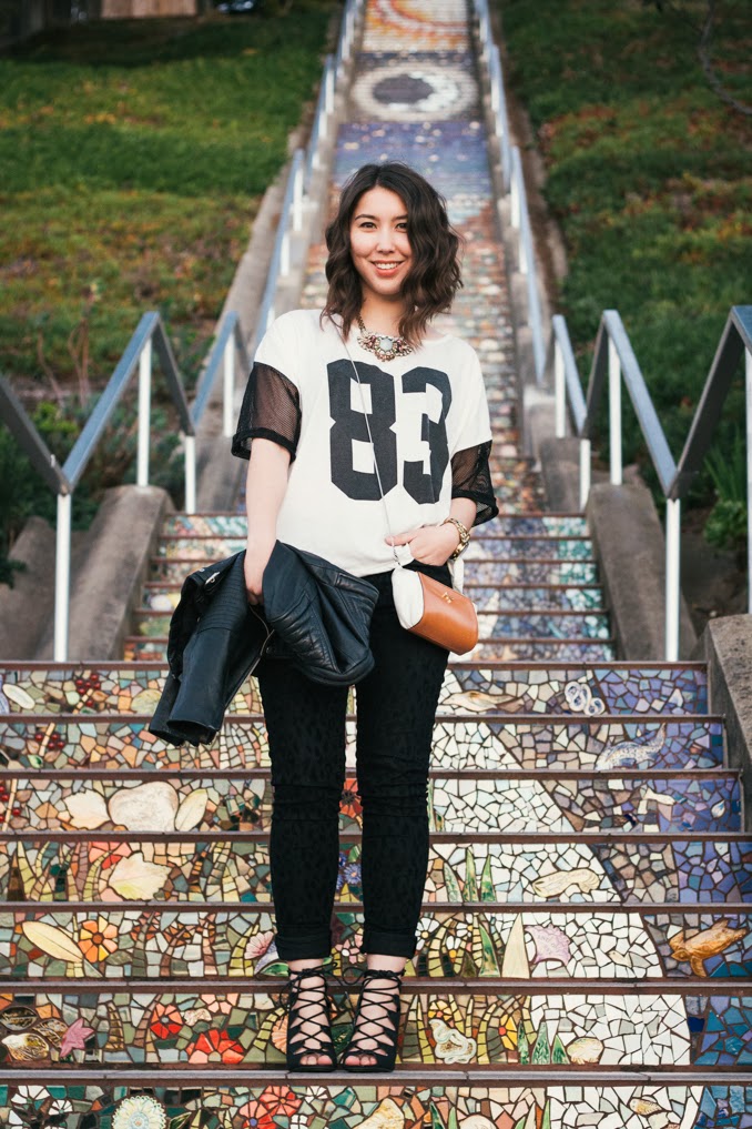 san francisco winter outfit: leather and mesh layers cheap lace-up heels, athletic chic, readytwowear, sf fashion blogger, sf street style