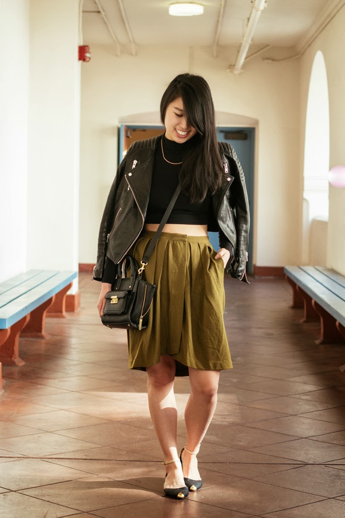 whitney readytwowear vintage pleated skirt, cropped turtleneck, leather moto jacket, phillip lim for target, sf fashion blogger, bay area fashion