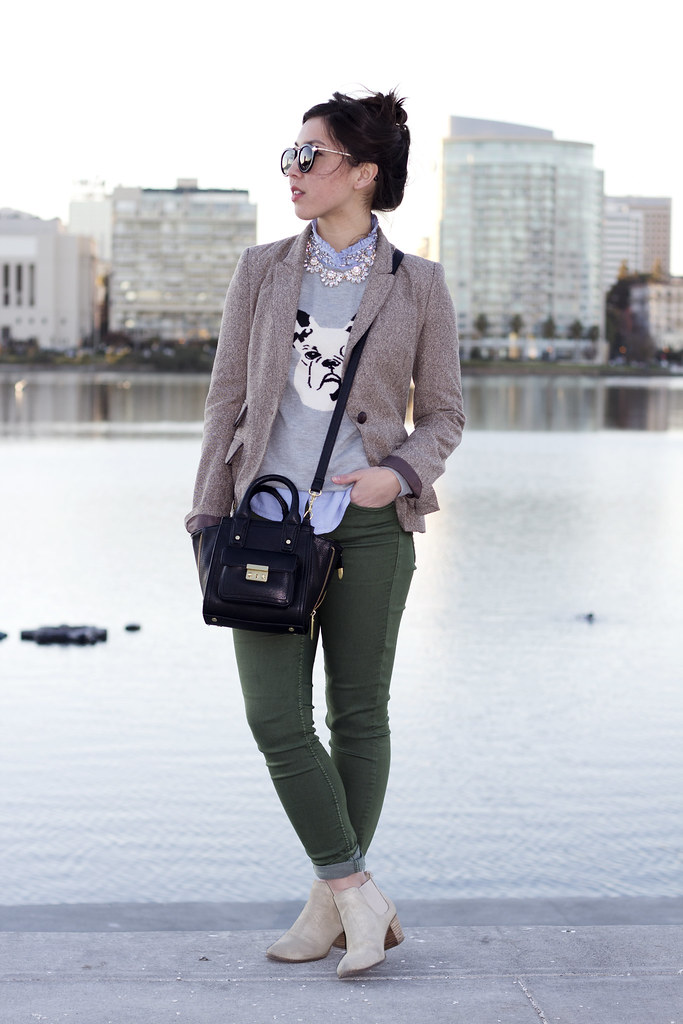 crystal collar j crew, dog sweater, ruffled rhinestone top, elbow pad blazer, lake merritt